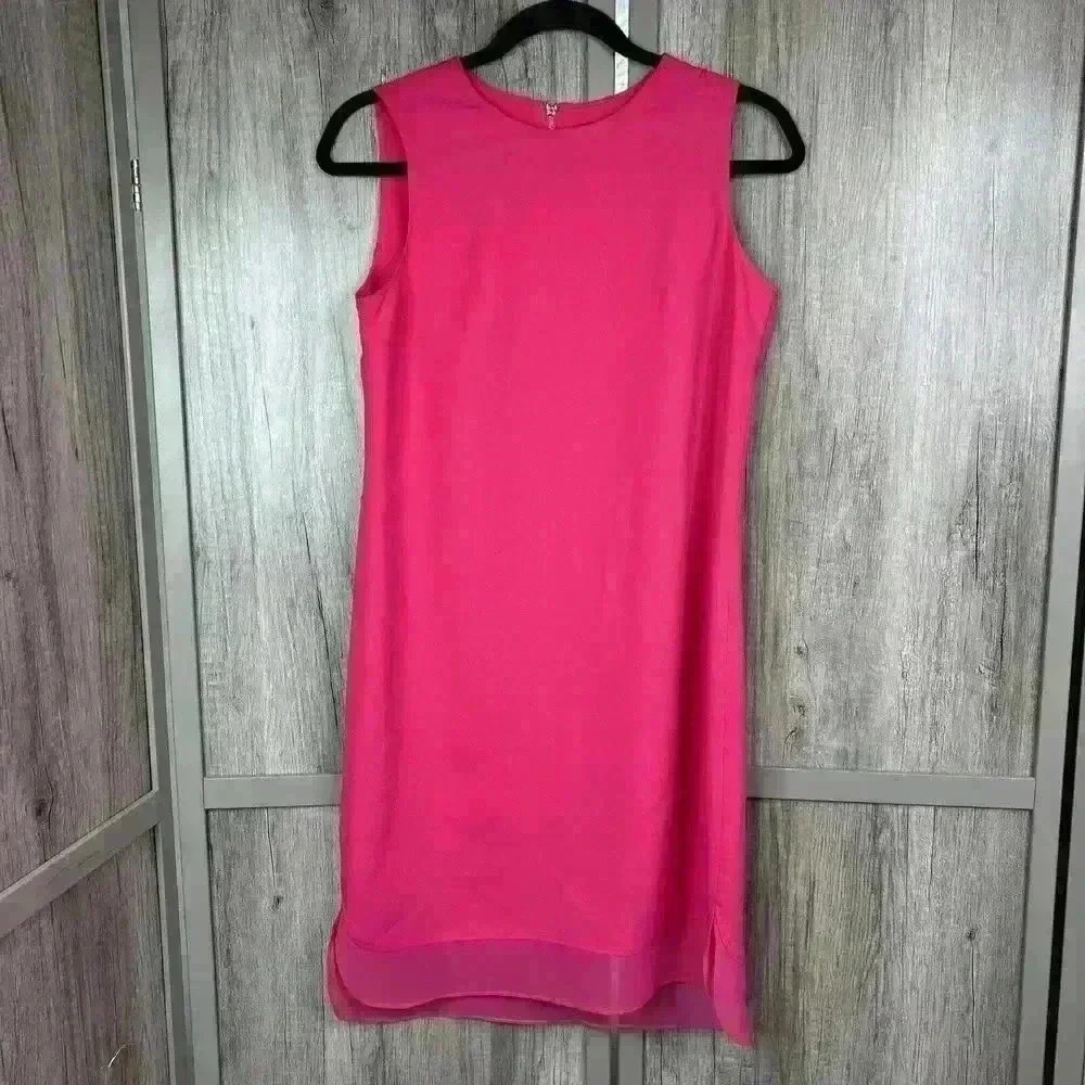 Vince Camuto Dress Sz 4 Sheath Hot Pink Knee Length Sleeveless Sheer Hem